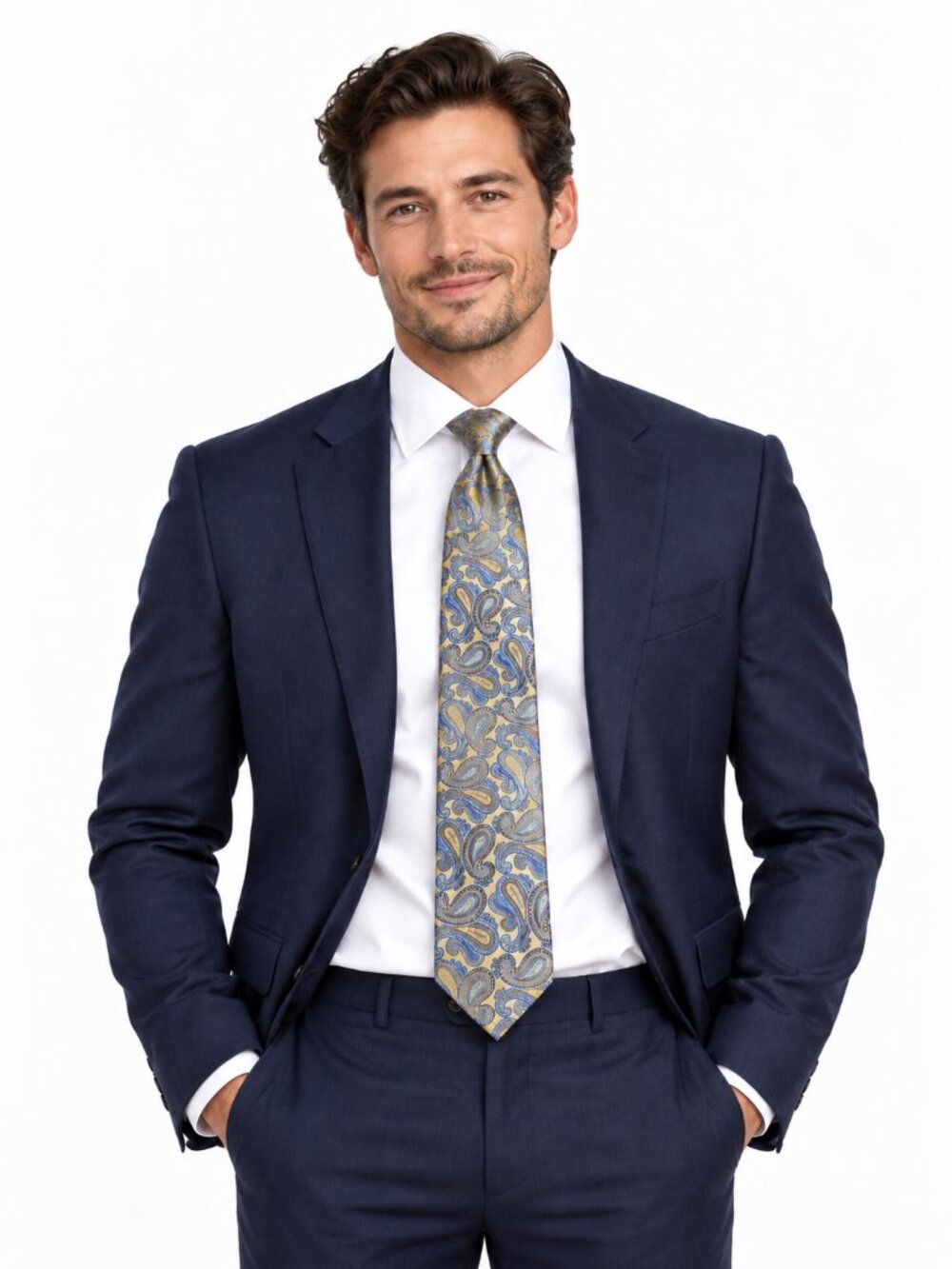 Pronto Uomo Tie Mens 100% Silk Gold Blue Paisley Necktie Wedding Business NWTs